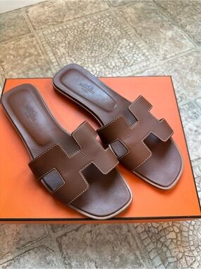 Hermes Brown Oran Leather Slide Sandals
